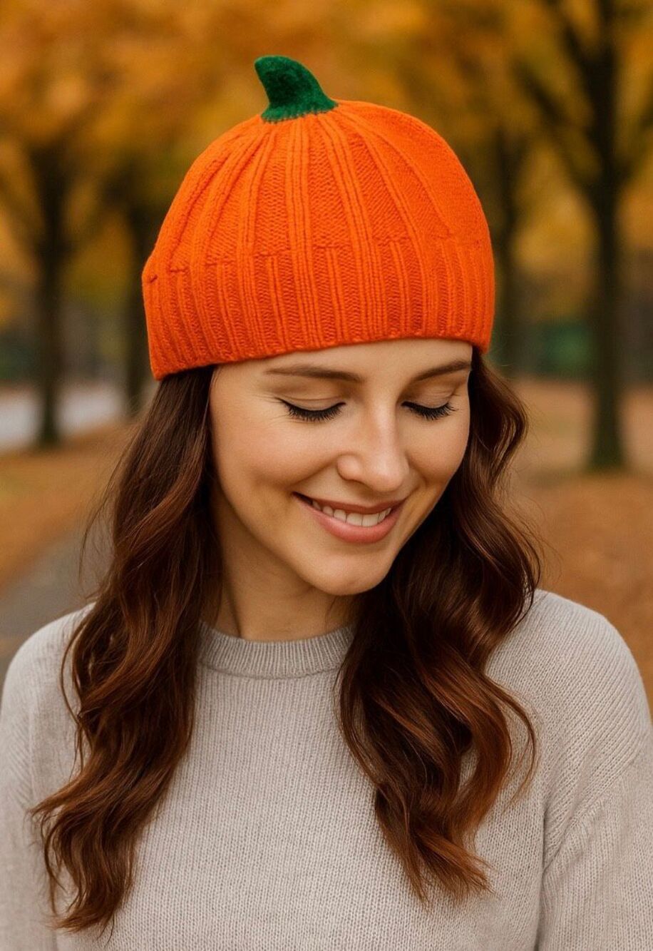 Pumpkin Knit Beanie Hat Halloween Fall Costume Autumn Orange Cap